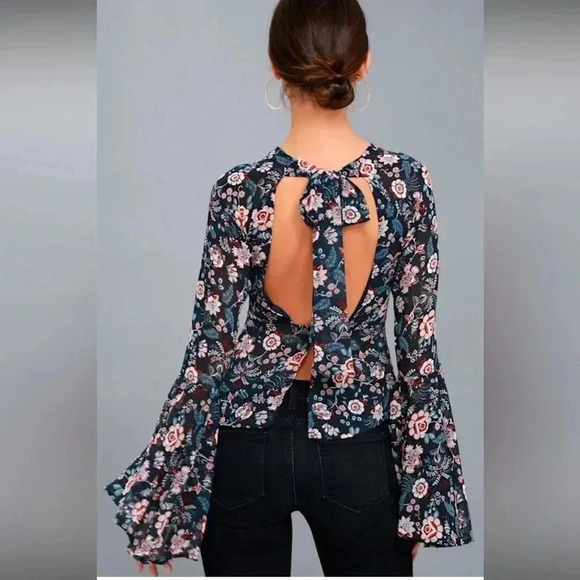 Odine Navy Blue Floral Print Long Sleeve Top Size S - Picture 3 of 7